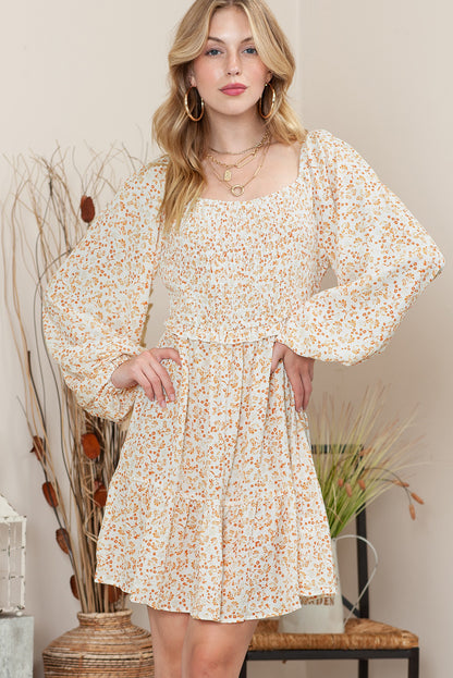 Apricot Boho Floral Smocked Puff Sleeve Short Dress