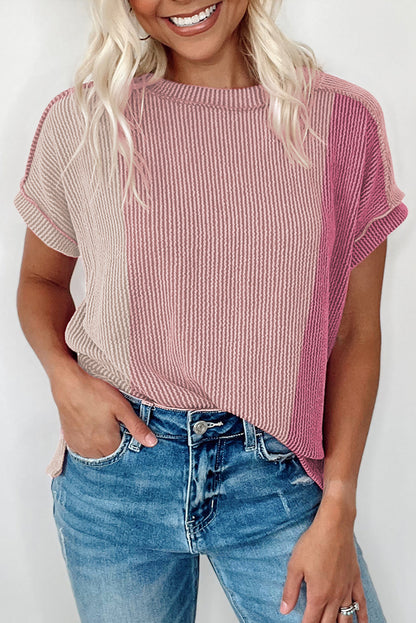 Apricot Pink Colorblock Ribbed Round Neck T Shirt