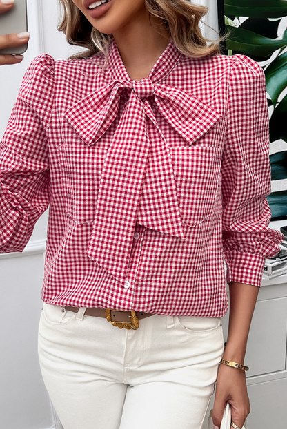 Red Gingham Bowknot Long Sleeve Shirt