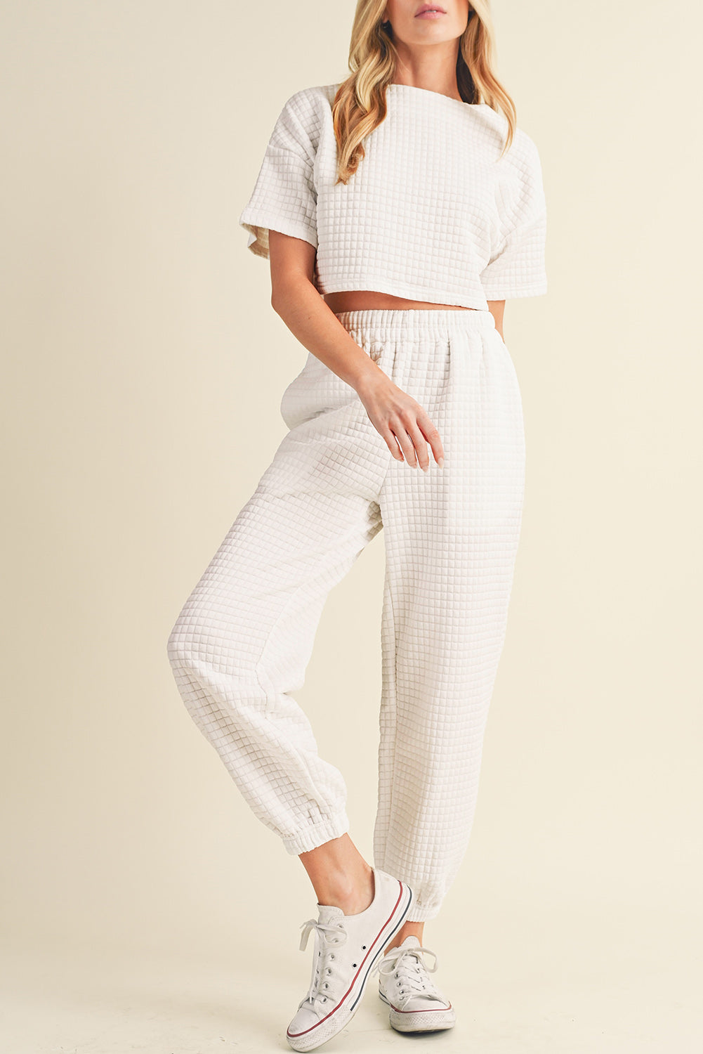 White Lattice Textured Cropped Tee