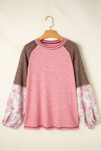 Fushia Floral Plaid Mixed Print Patchwork Raglan Ribbed Top