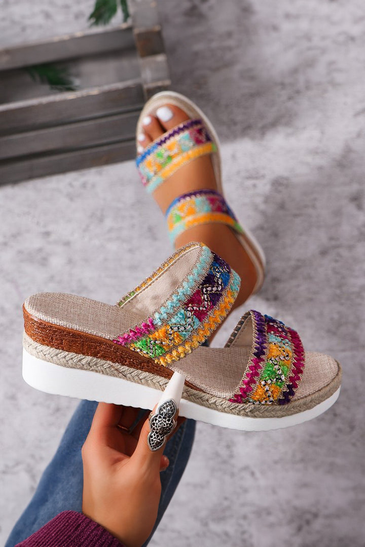 Multicolour Sequin Woven Wide Strap Wedge Slides Shoes