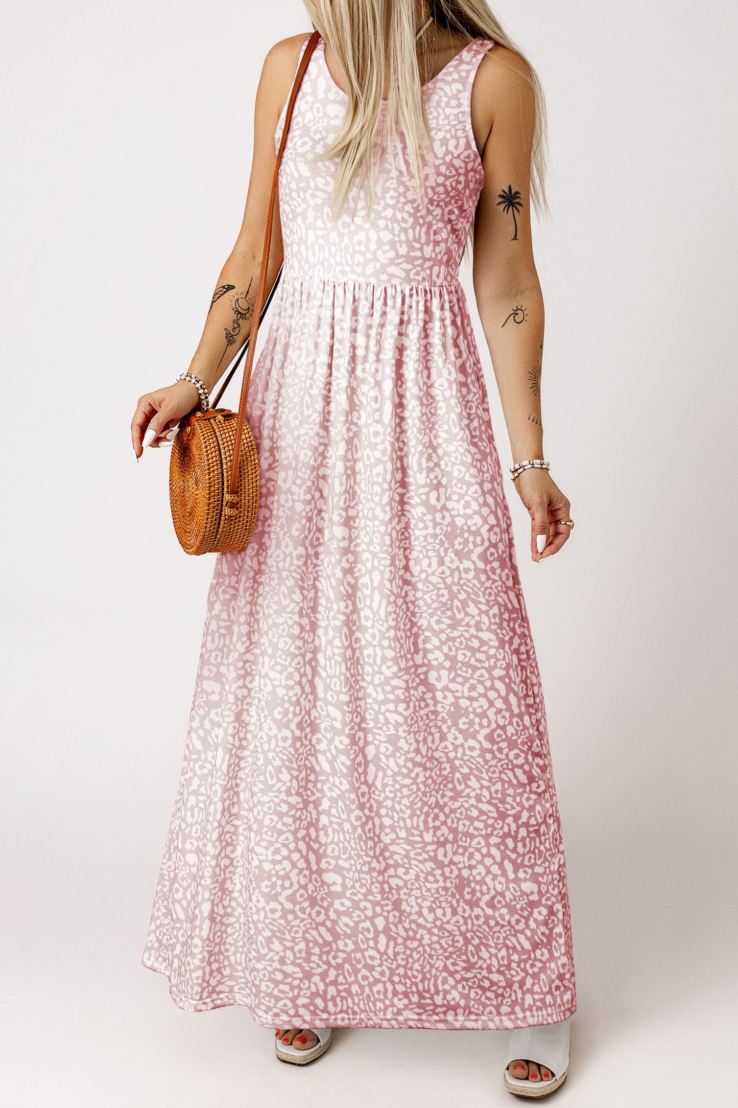 Pink Sleeveless Floor Length Leopard Print Dress