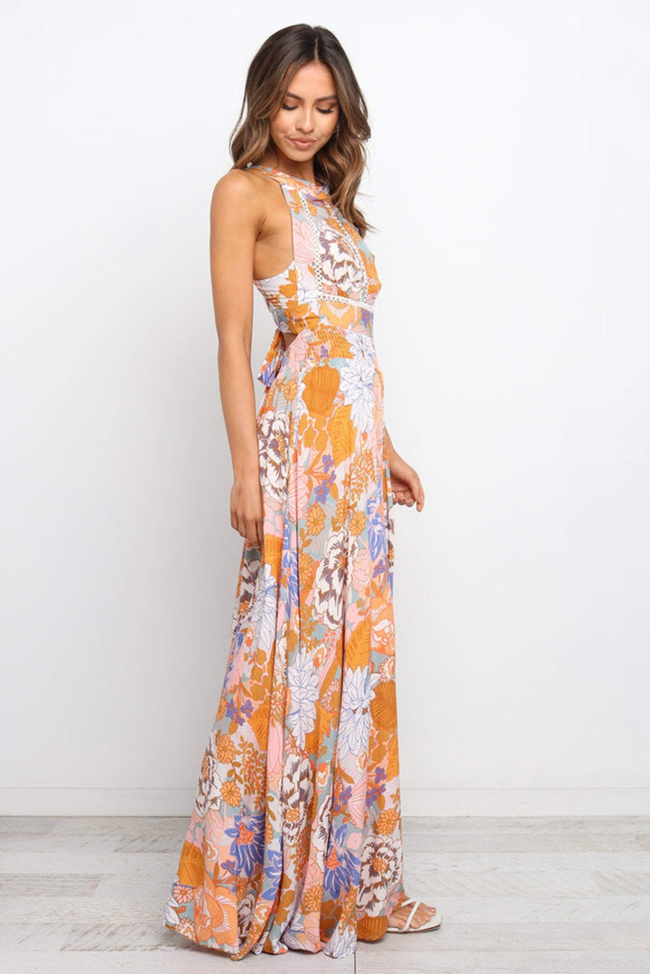 Orange Boho Floral Print Backless Lace-