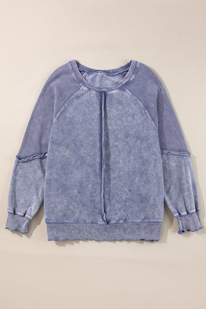 Mineral Blue Waffle Patchwork Raglan Sleeve Exposed Seam Sweatshirt