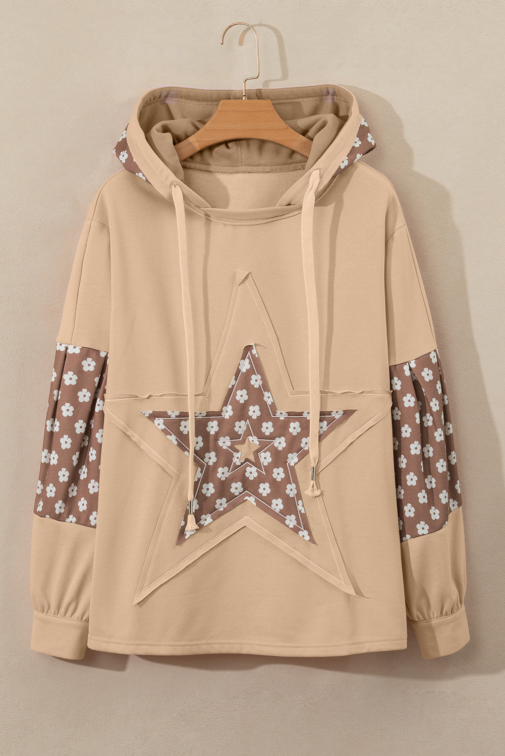 Beau Blue Floral Patchwork Star Pattern Drawstring Hoodie