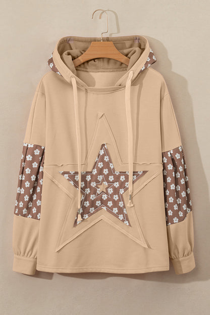 Beau Blue Floral Patchwork Star Pattern Drawstring Hoodie