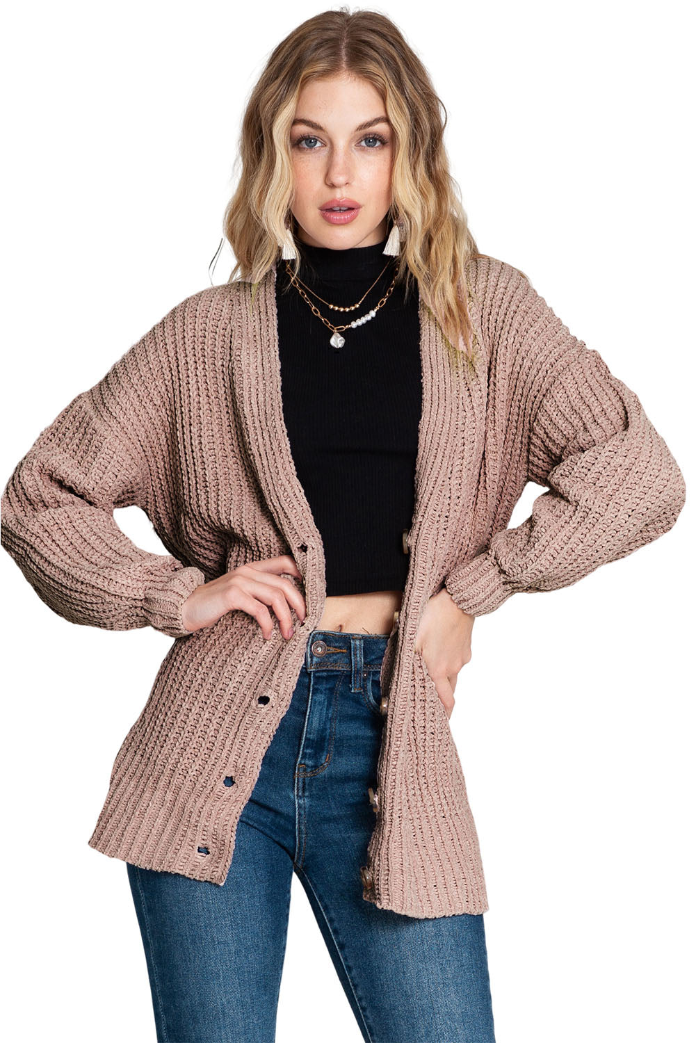 Khaki Solid Color Buttoned Down Casual Knitted Cardigan