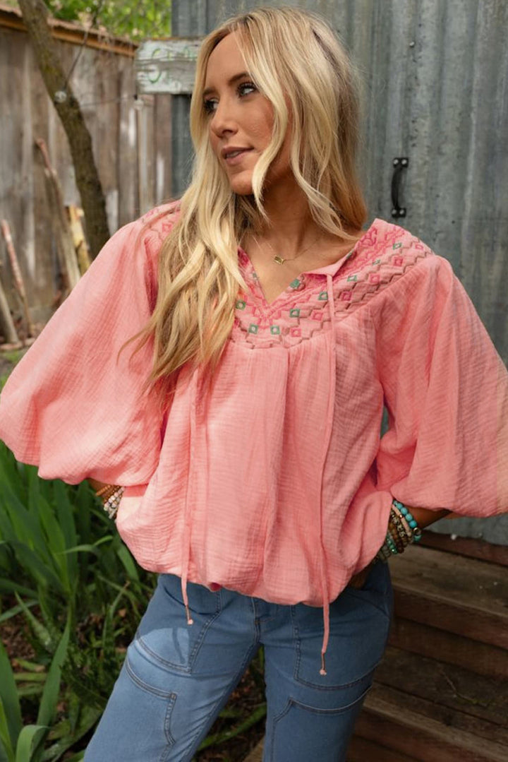 Apricot Pink Geometric Embroidered V Neck Puff Sleeve Blouse