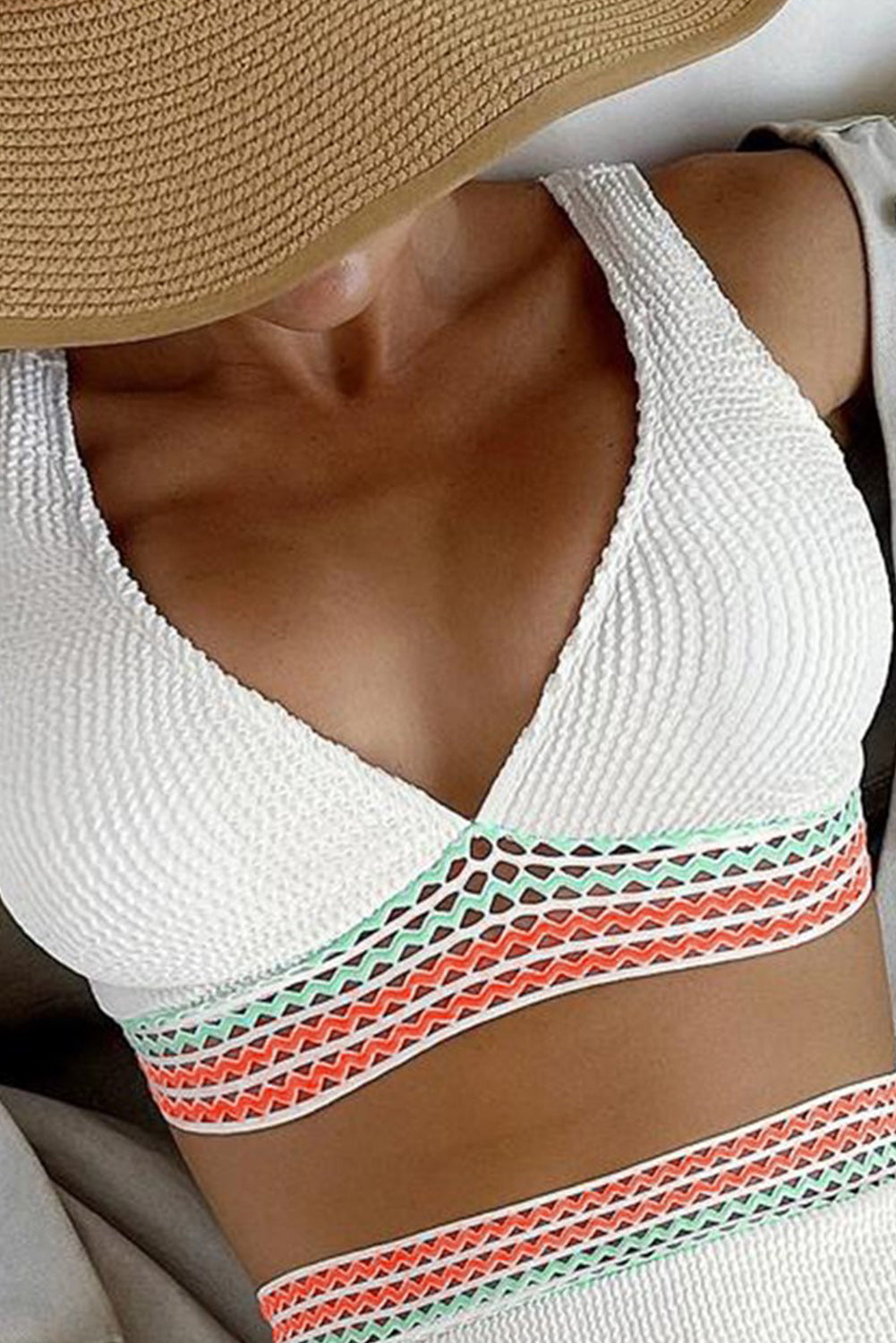 White Stripe Splicing High Waist Textured Bikini Set