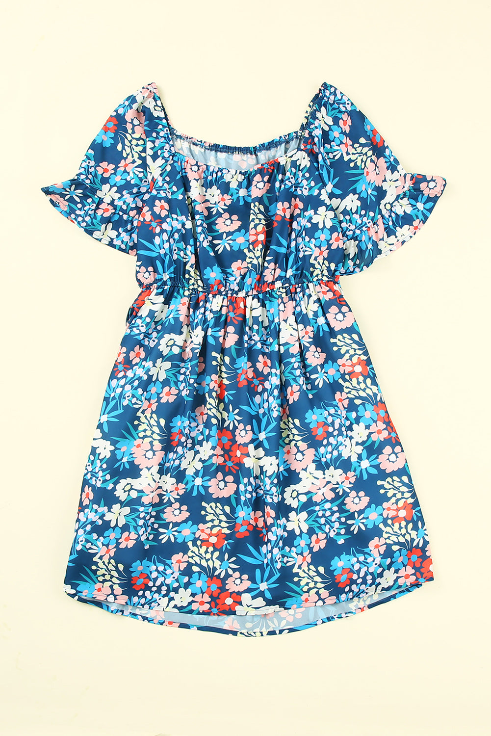Dark Blue Bohemian Floral Print Off Shoulder Short Dress
