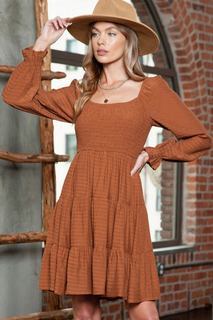 Long Sleeve Smocked Tiered Boho Dress