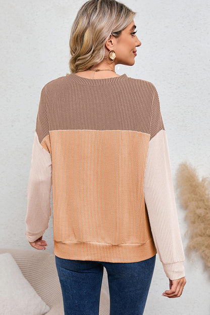 Khaki Color Block Ribbed Loose Long Sleeve Top