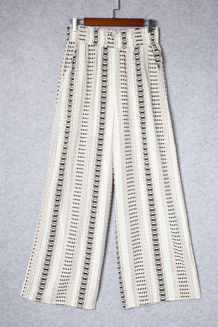 Beige Geometric Print Casual Shirred Wide Leg Pants