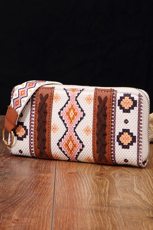 White Geometric Print PU Leather Wristlet Wallet