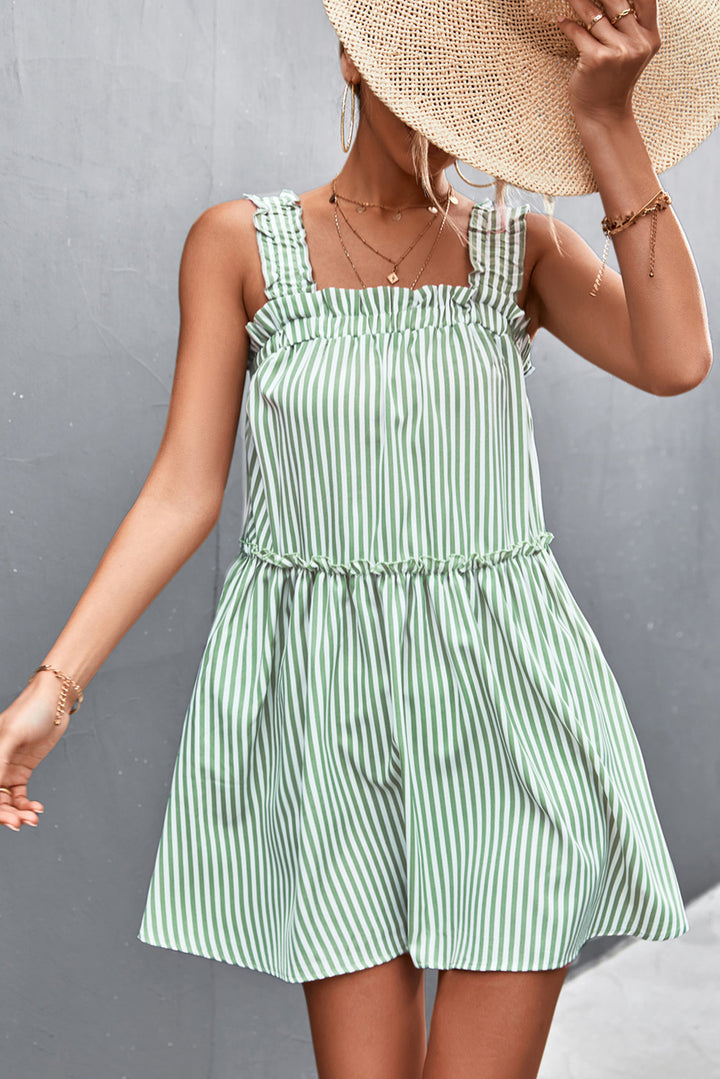 Green Stripe Ruffled Edge Patchwork Suspender Mini Dress