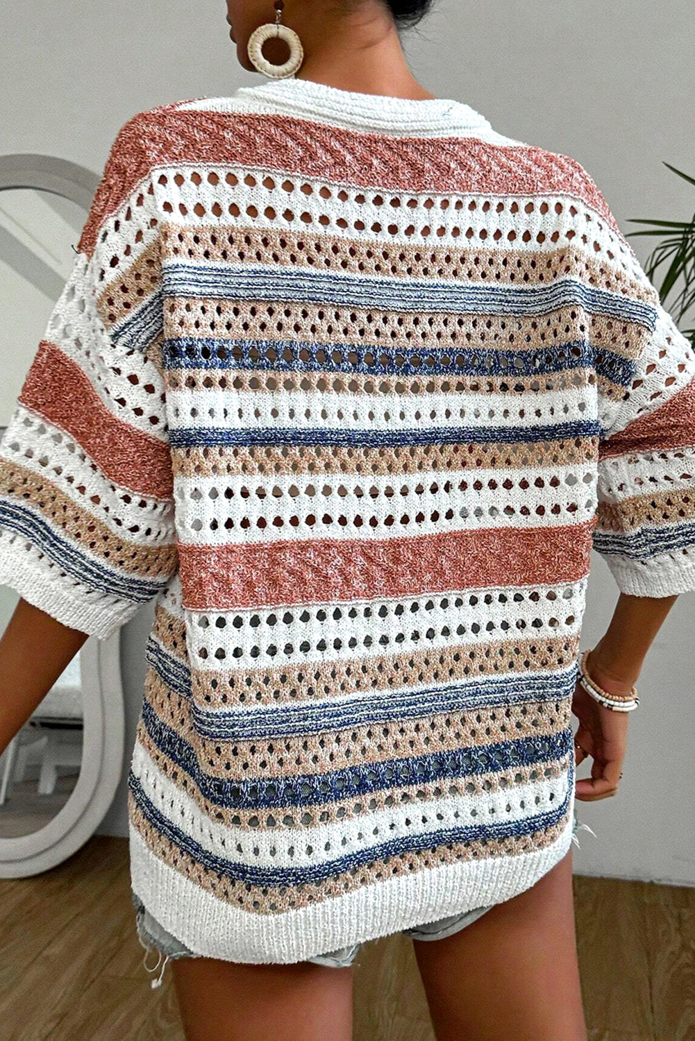 Multicolour Striped V Neck Hollow Knitted Half Sleeve Sweater