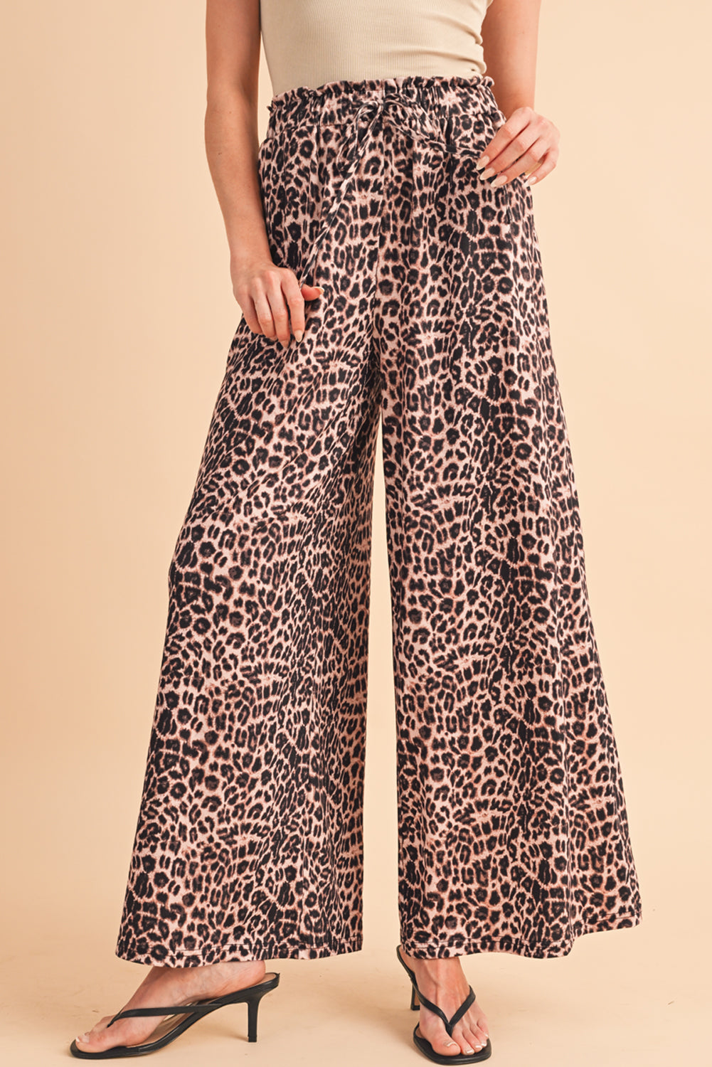 Beige Boho Leopard Print Wide Leg Pants