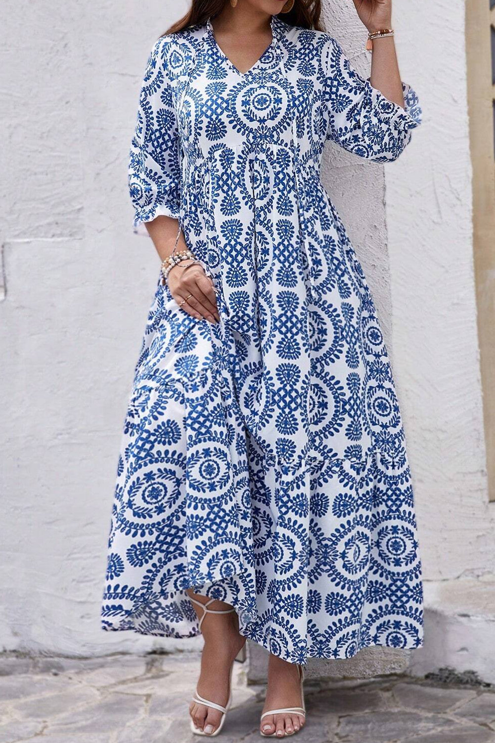 Sky Blue Ethnic Geometric Print Notch Neck Plus Size Maxi Dress