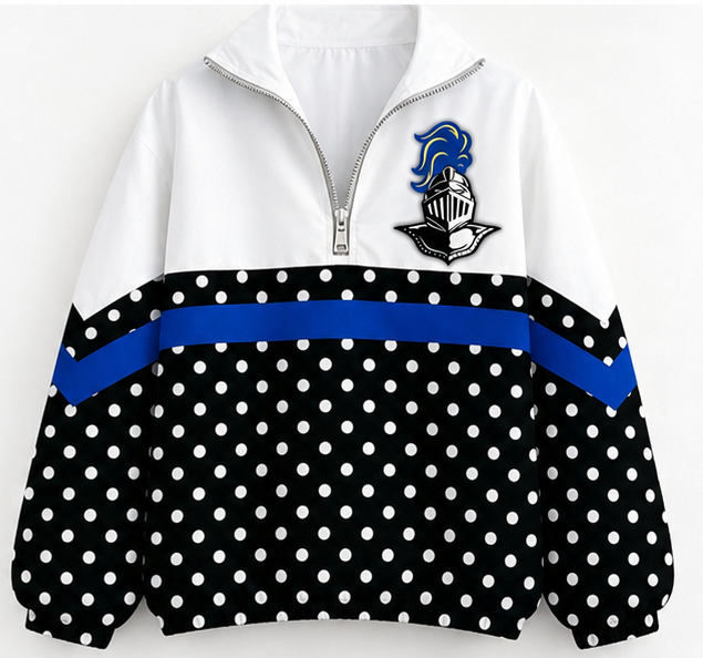 Polka Dot Varsity Quarter-Zip Pullover in black, white, and royal blue with knight patch