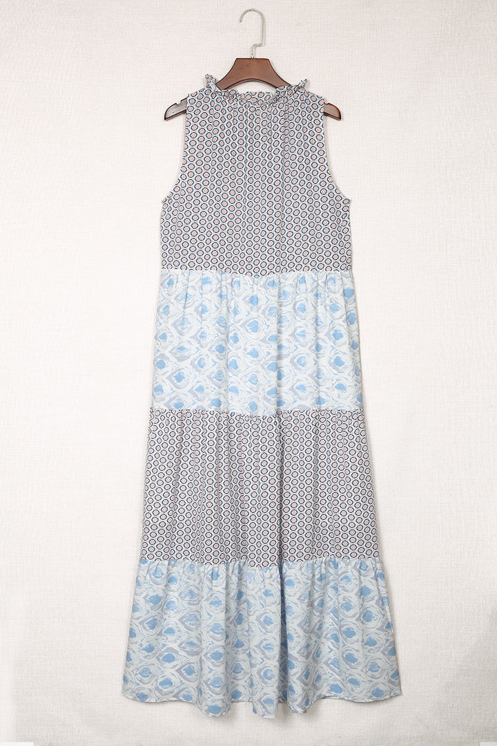Light Blue Printed Sleeveless V Neck Summer Tiered Dress