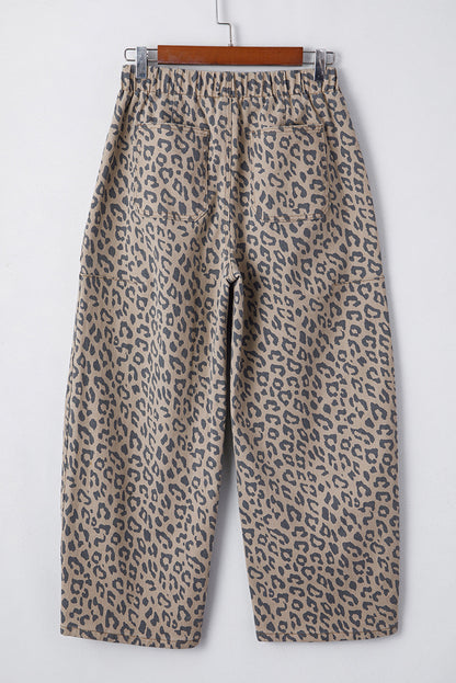 Khaki Leopard Print Drawstring Waist Pocketed Wide Leg Jeans