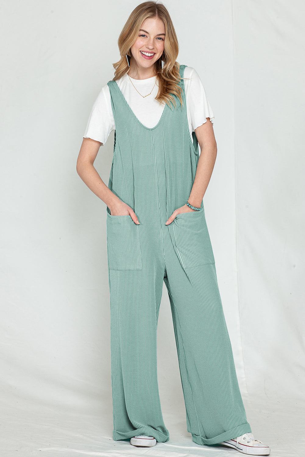 Dark Grey Green Pockets Oversized Ribbed Wide Leg Jumpsuit