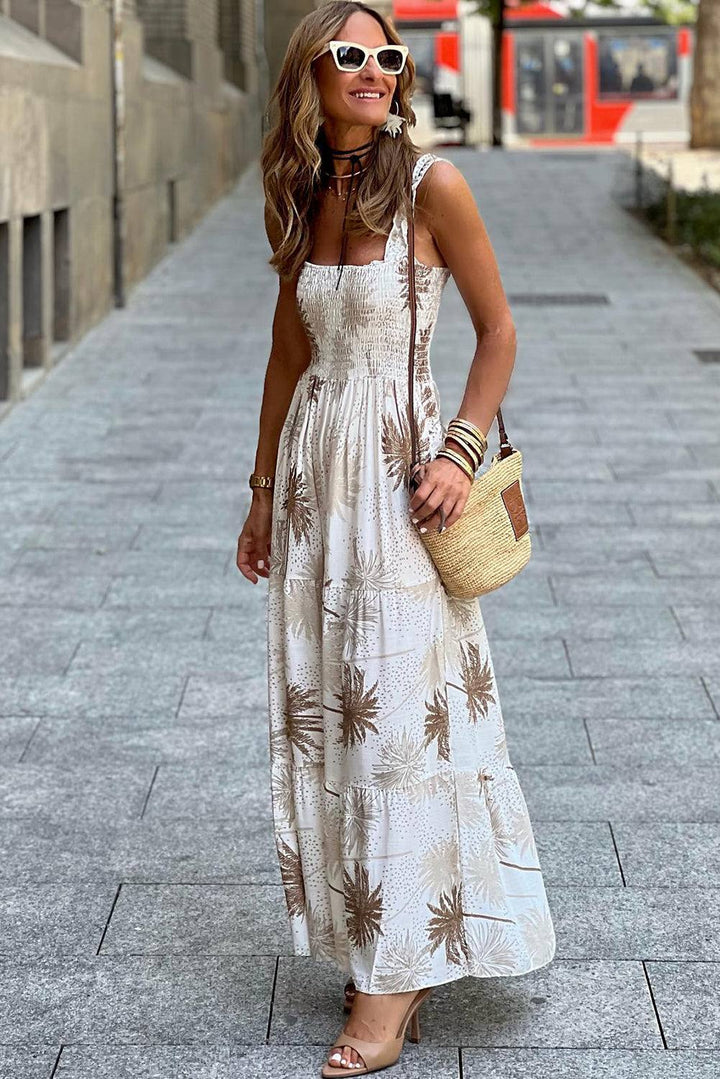 White Tropical Print Smocked Ruffled Straps Maxi Dress