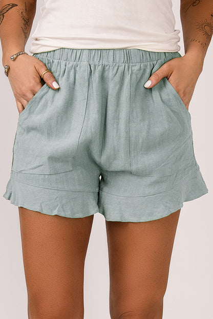 Khaki Casual Pocketed Ruffle High Waist Shorts