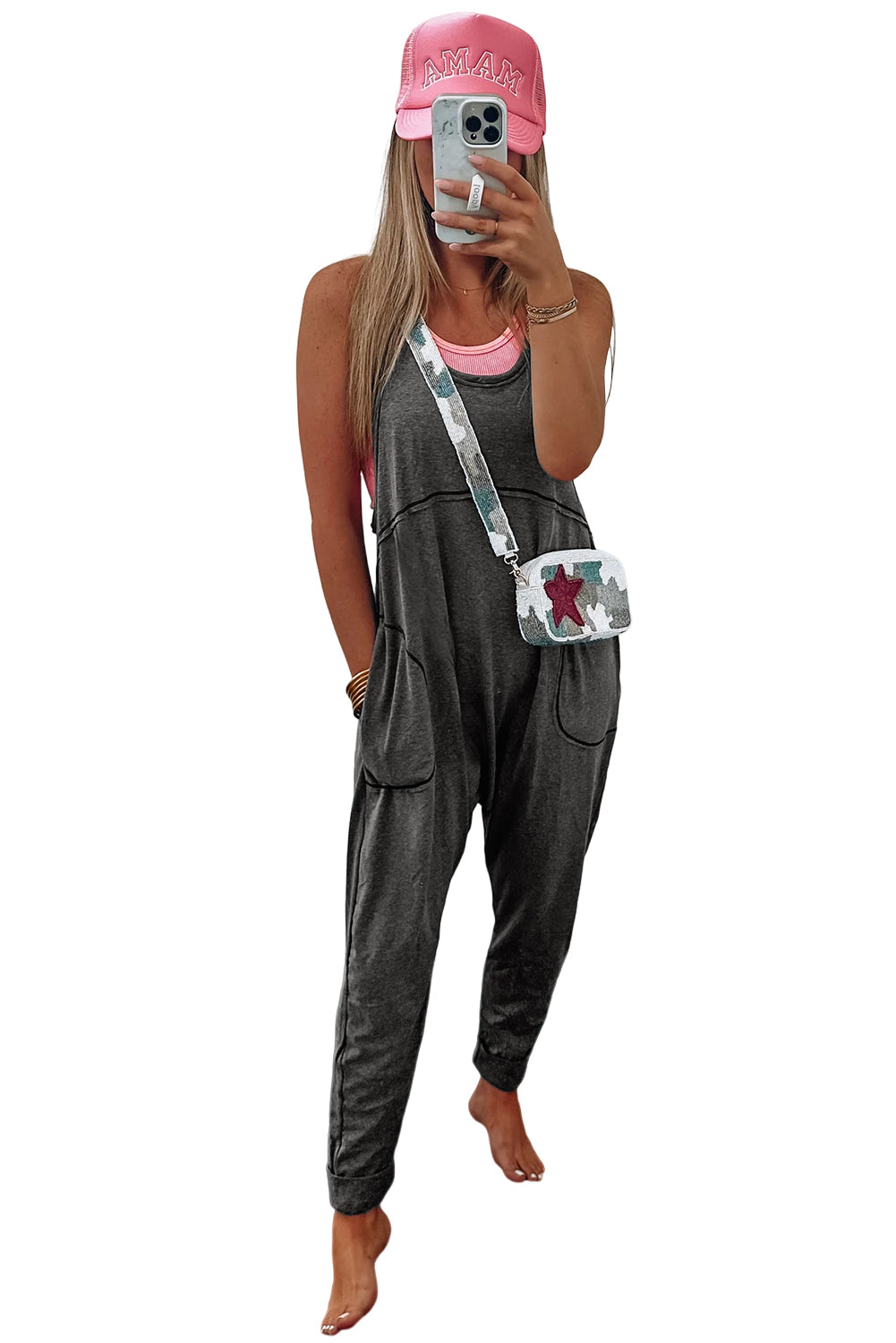 Dark Grey Pockets Exposed Seam Jumpsuit