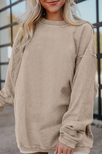 Smoke Gray Plain Drop Sleeve Crinkle Rib Oversized Sweatshirt