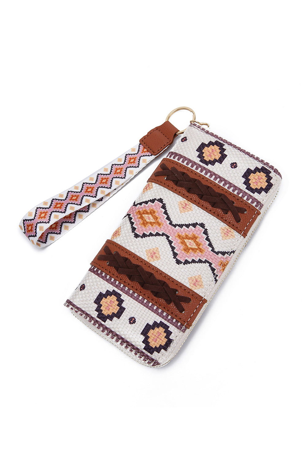 White Geometric Print PU Leather Wristlet Wallet