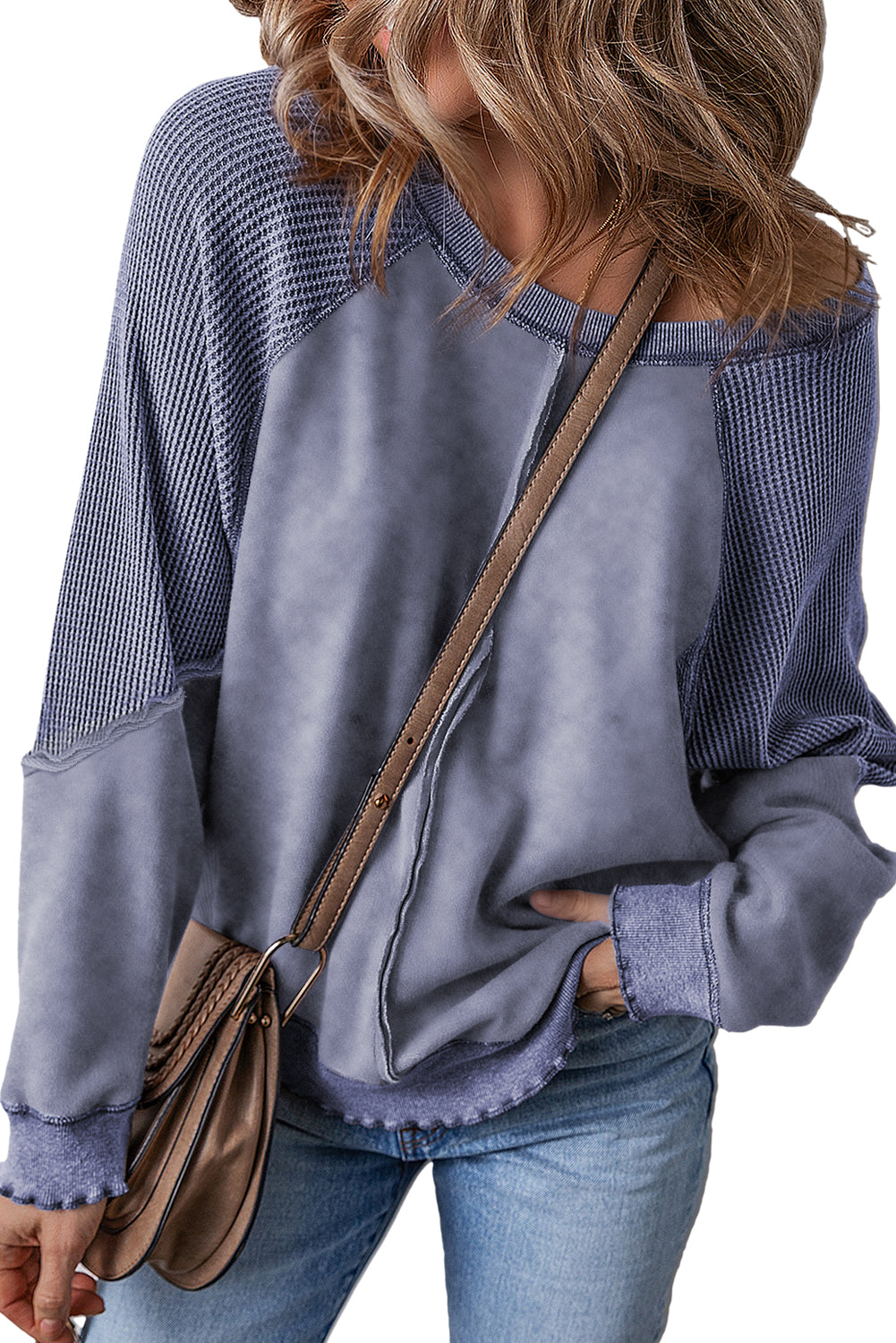 Mineral Blue Waffle Patchwork Raglan Sleeve Exposed Seam Sweatshirt