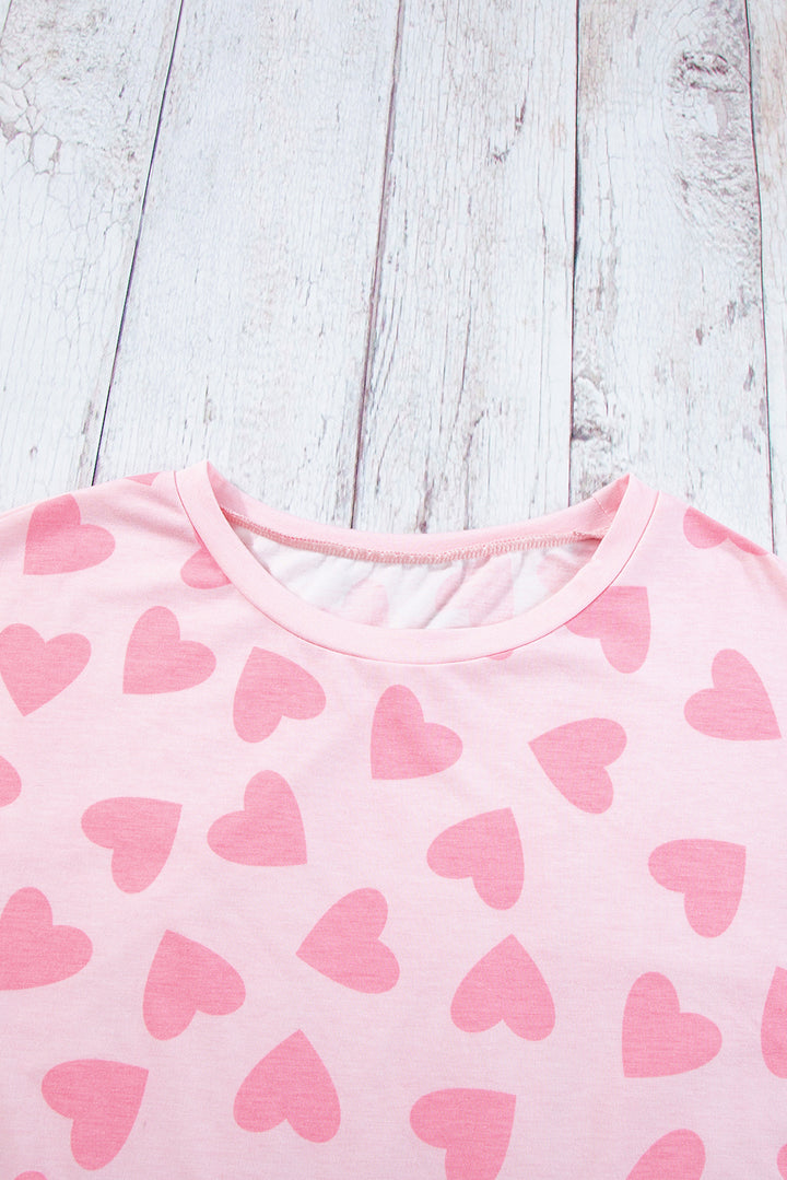 Pink Heart Print Long Sleeve Top and Shorts Loungewear Set