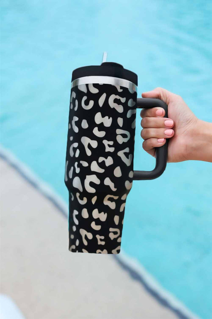 Green 40oz Stainless Steel Portable Leopard Tumbler Mug With Handle