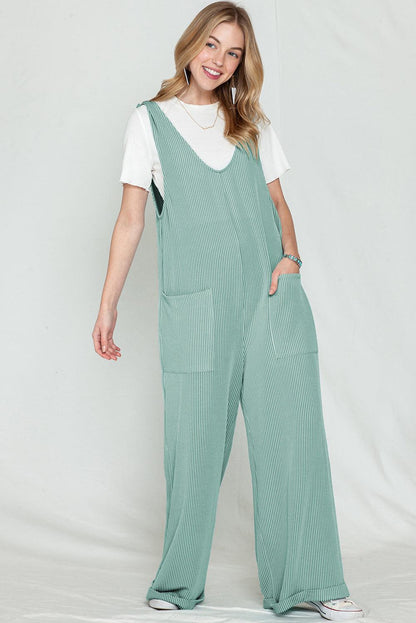 Dark Grey Green Pockets Oversized Ribbed Wide Leg Jumpsuit