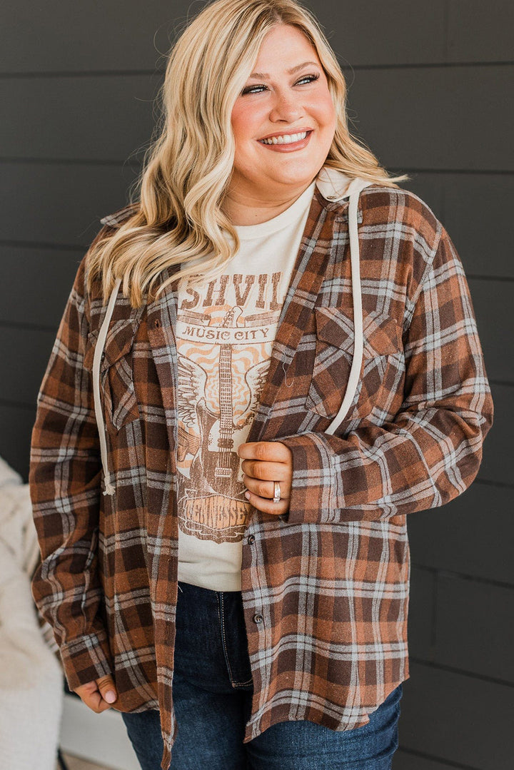 Brown Plus Size Plaid Button Up Contrast Hooded Shirt