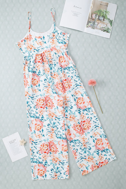 Orange Floral Spaghetti Straps Wide Leg Jumpsuit