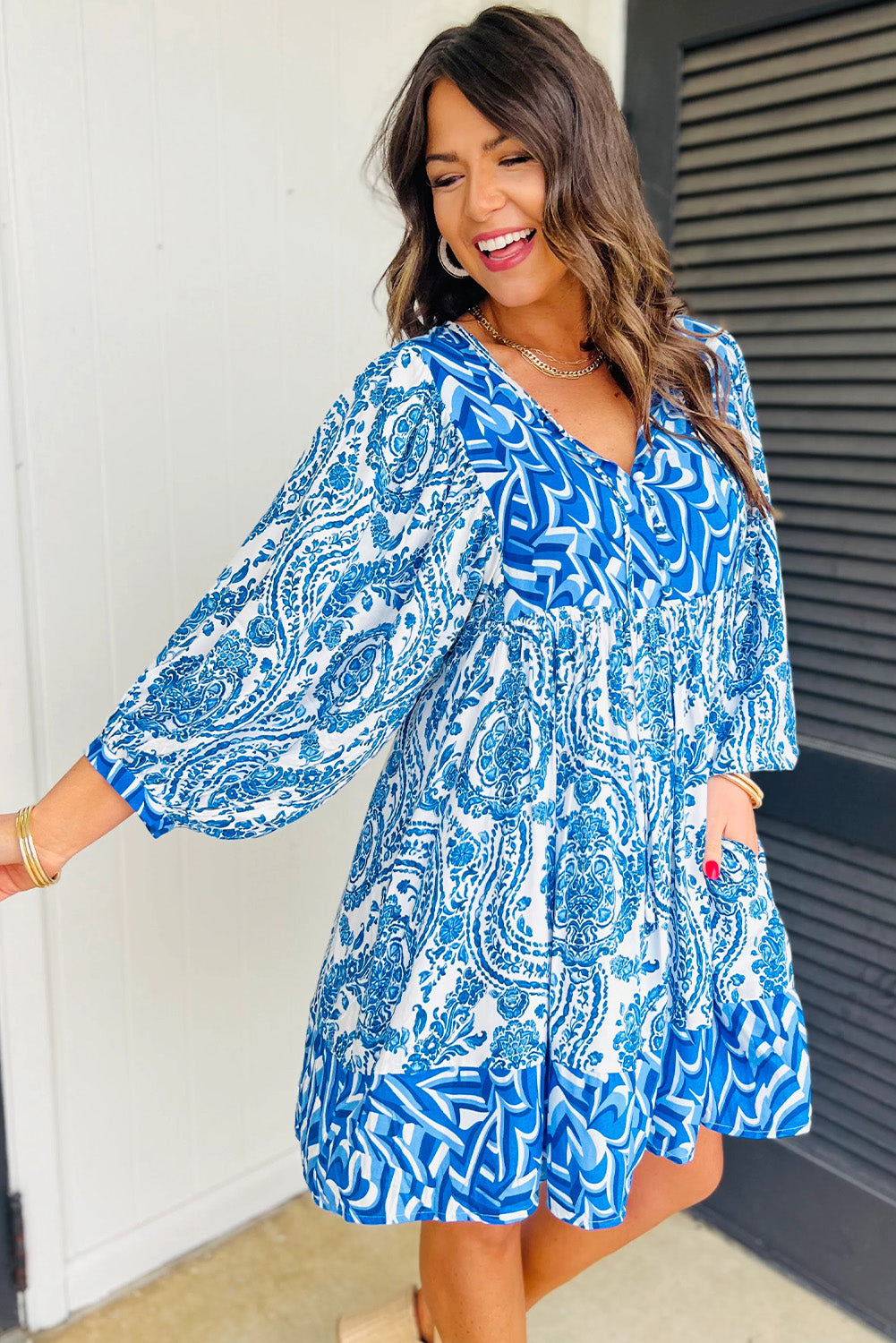 Sky Blue Bohemian Print Lantern Sleeve V Neck Flared Mini Dress