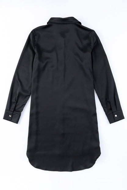 Black Sequin Splicing Pocket Casual Buttoned Shirt Dress