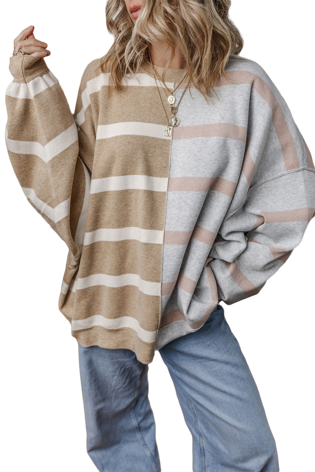 Khaki Stripe Exposed Seam Patchwork Loose Sweater