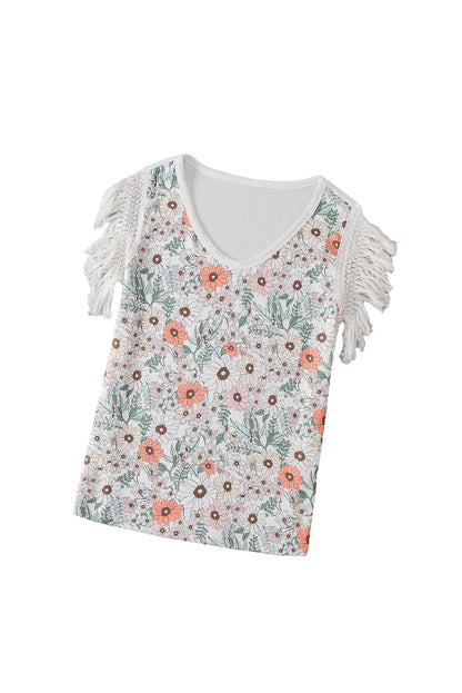 White Boho Floral Print Fringe Shoulder Sleeveless Shirt