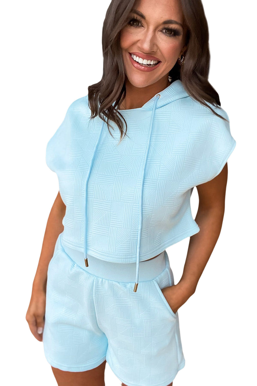 Beau Blue Waffle Textured Cropped Drawstring Hoodie and Shorts Set