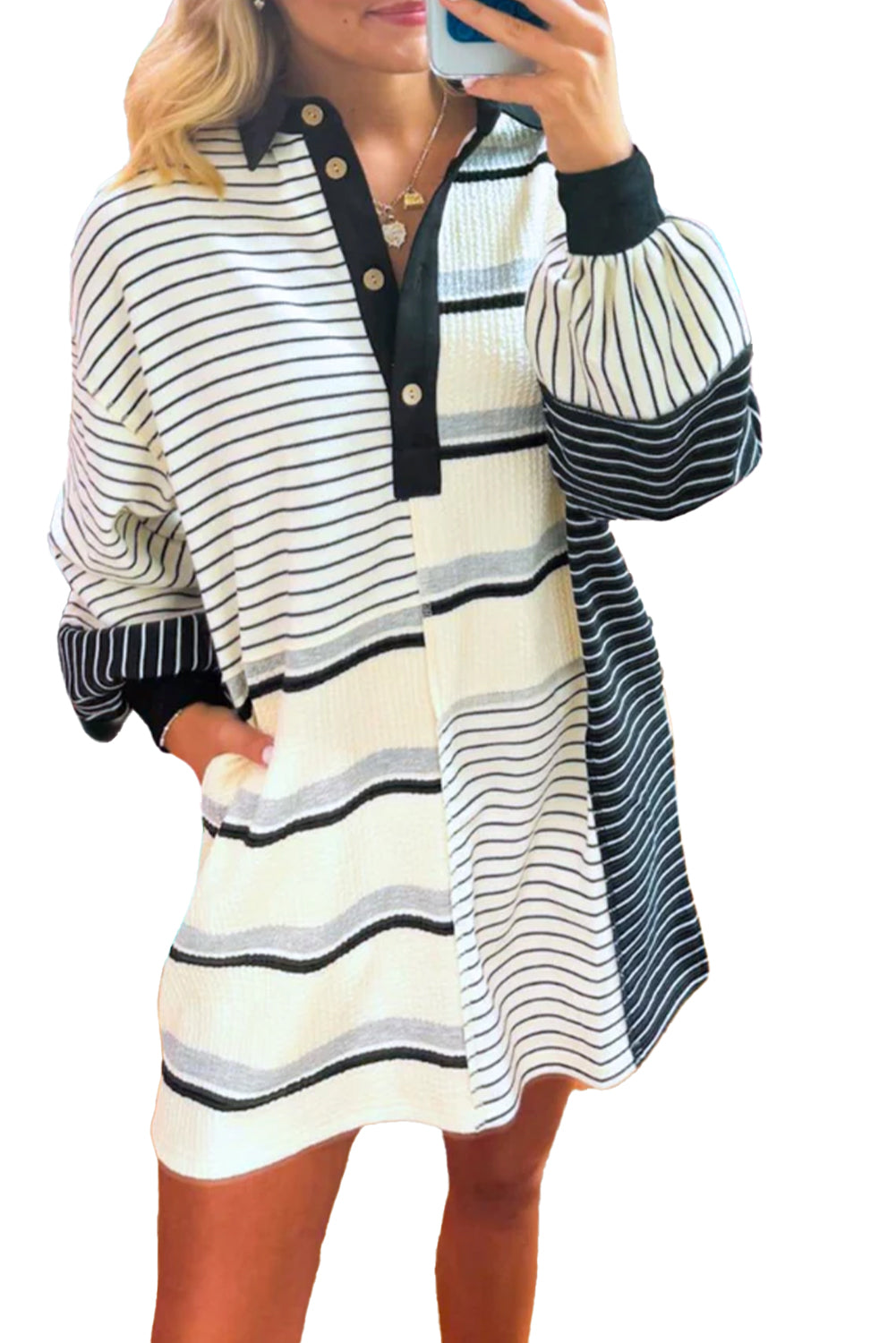 Black Stripe Colorblock Long Sleeve Collar Half Buttons Mini Dress