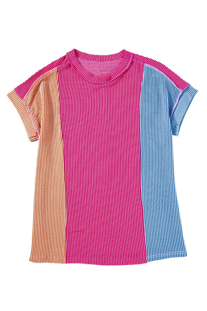 Apricot Pink Colorblock Ribbed Round Neck T Shirt