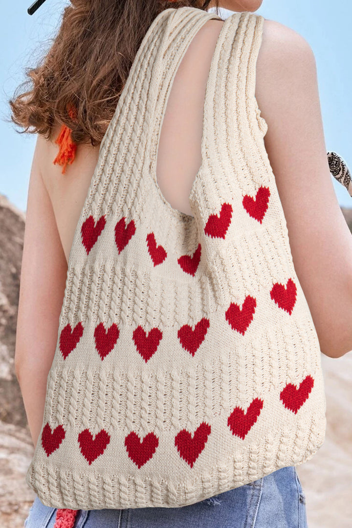 Apricot Colorblock Heart Pattern Knit Shoulder Bag