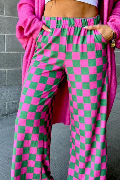 Green Checkered Print High Waist Wide Leg Pants