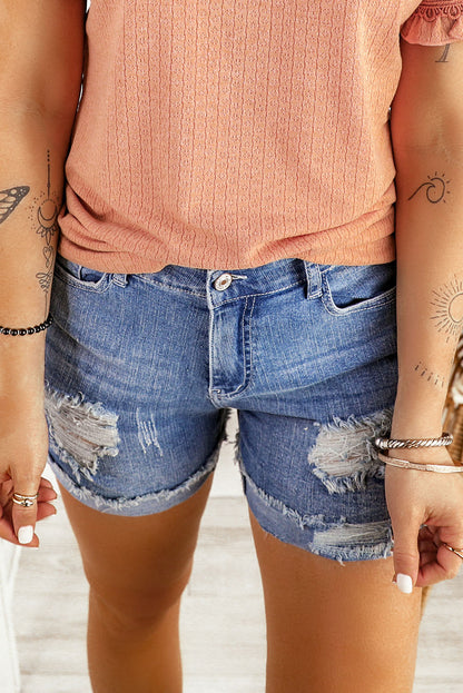 Light Blue Casual Ripped Rolled Hem Denim Shorts