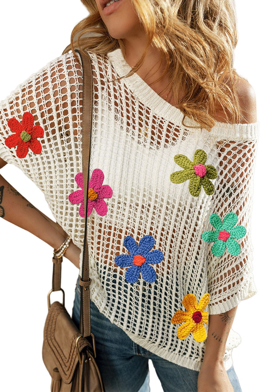 Light Beige Hollowed Crochet Colorful Flower Loose Knit T Shirt