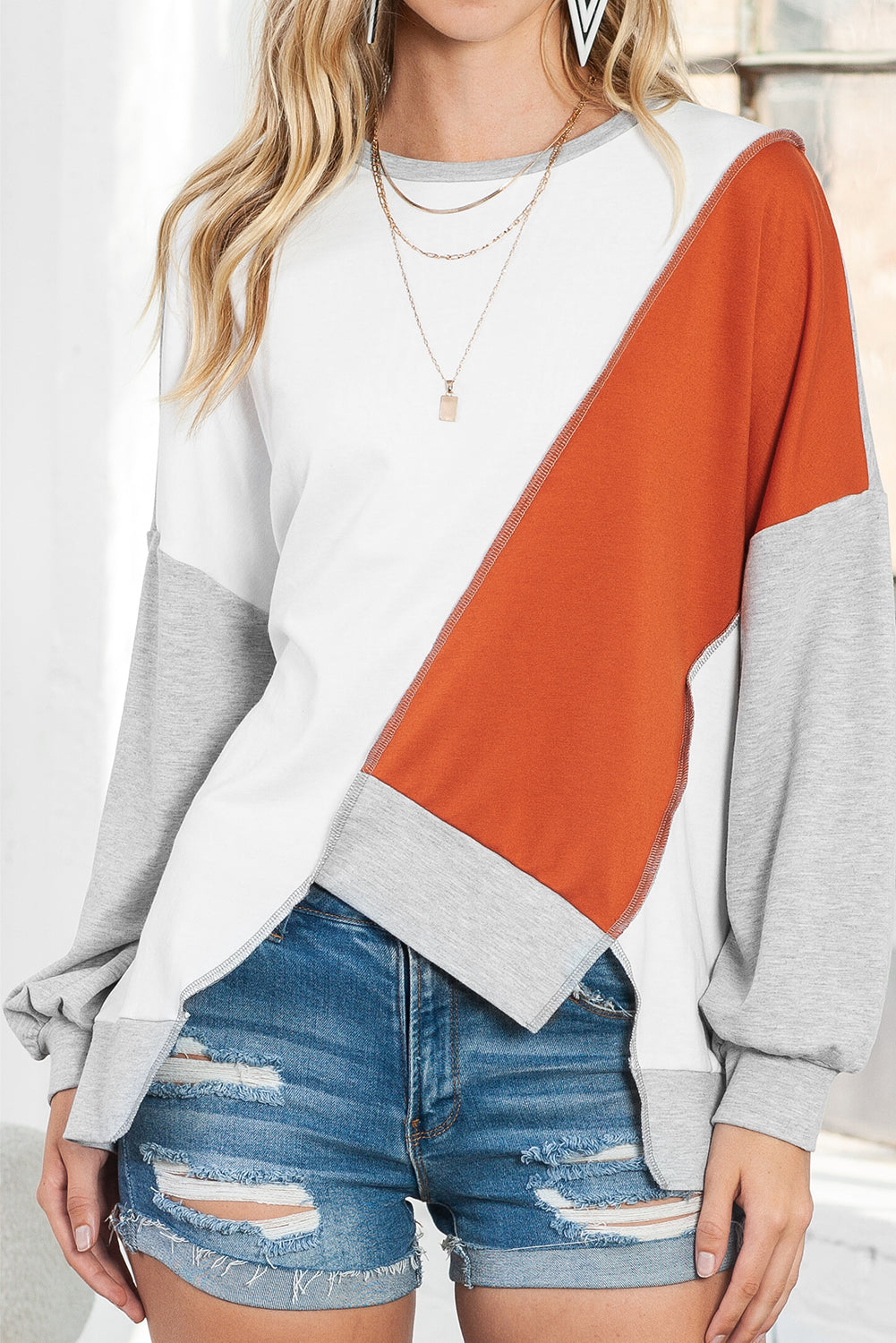 Khaki Colorblock Stitching Irregular Hem Long Sleeve Top